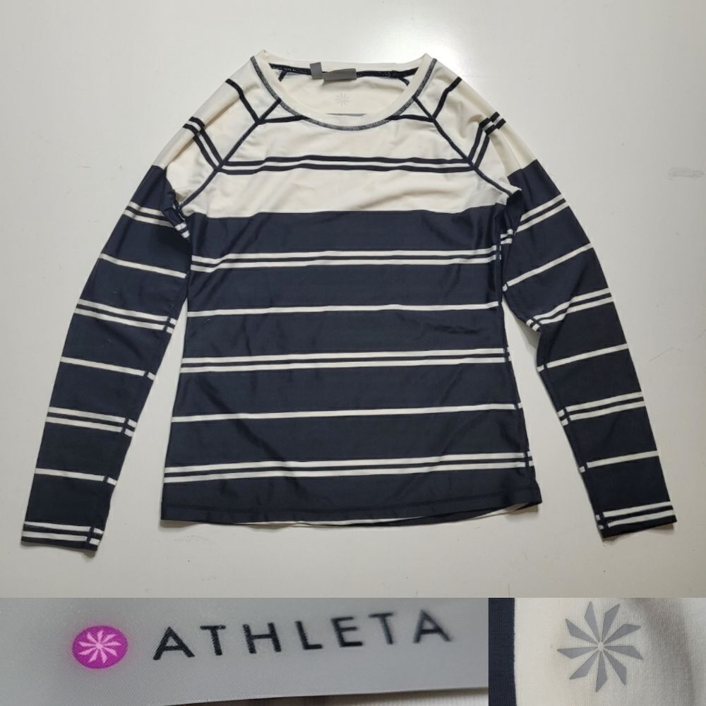 ATHLETA SWIM RASHGUARD BLACK WHITE LONG SLEEVE STRIPED SUP SHIRT TOP S SMALL
